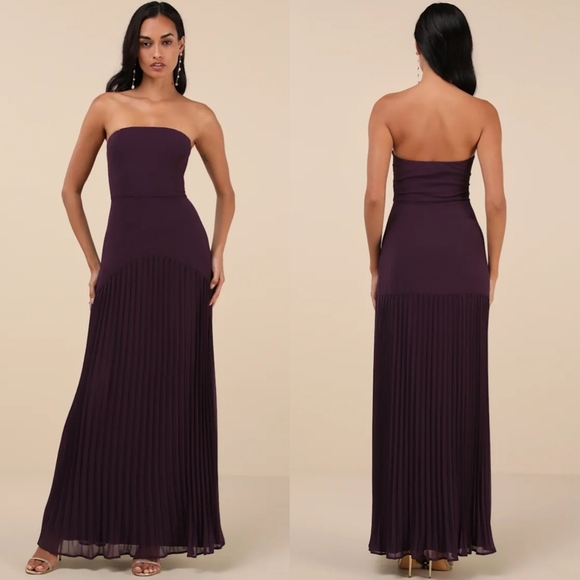 Lulus Celebratory Aesthetic Dark Purple Pleated Strapless Maxi Dress L Wedding - Picture 1 of 9